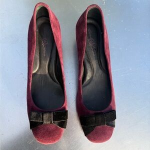 Crown Burgundy Velvet Flats with Black Bow